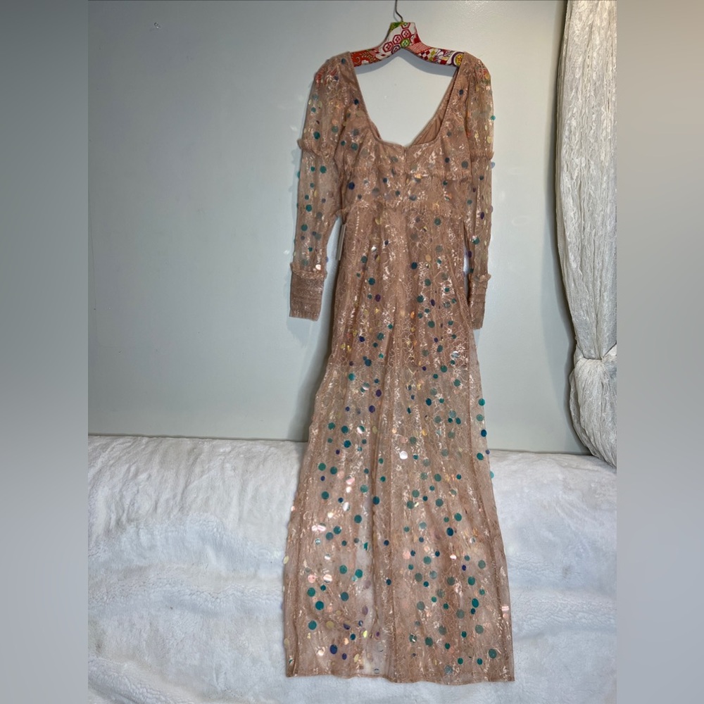 For Love & Lemons Ace Sequin Lace Nude Long Sleeve Slit Maxi Dress Gown - Picture 8 of 11